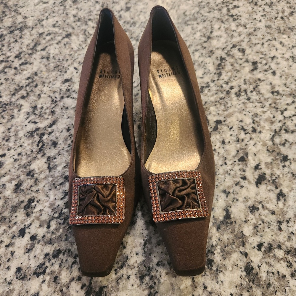 Stuart Weitzman Brown Satin Rhinestone Buckle Kitten Heels 8W34242 6.5M